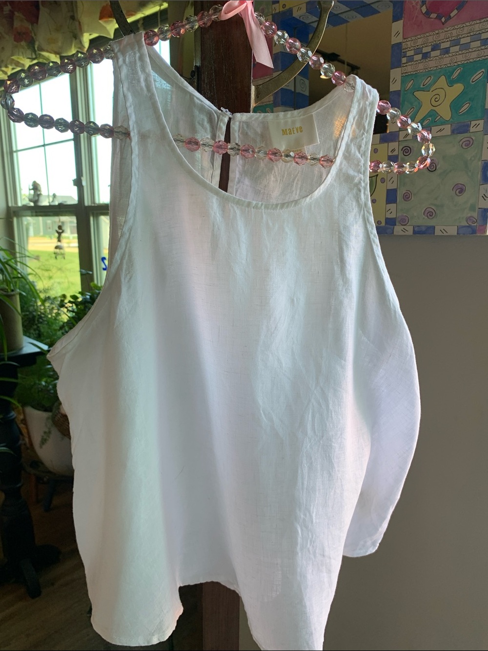 Anthropologie Maeve White Linen Scoop Back Button Sleeveless Tank Blouse Size M